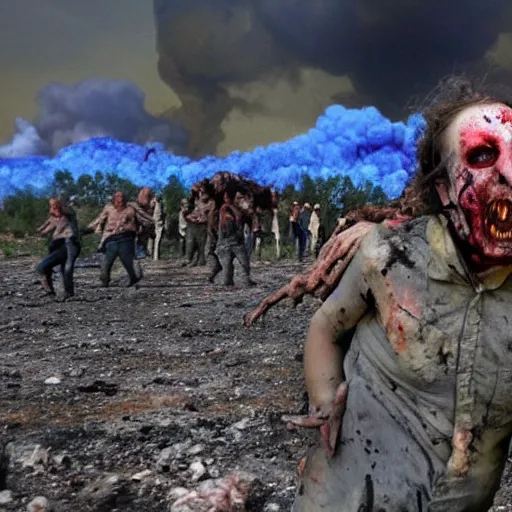 Image similar to selfie of a ukrainian screaming in pain and terrible injuries from a nuclear explosion, everything is on fire and radiation, in the background there are a lot of people like zombies, corpses and skeletons, a large nuclear explosion in the background, people are painted in yellow and blue, all dirty with severed limbs, doomsday