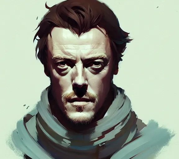 Image similar to portrait of portrait, toby stephens as a king, by atey ghailan, by greg rutkowski, by greg tocchini, by james gilleard, by joe fenton, by kaethe butcher, by ashley wood, dynamic lighting, gradient light blue, brown, blonde cream and white color scheme, grunge aesthetic