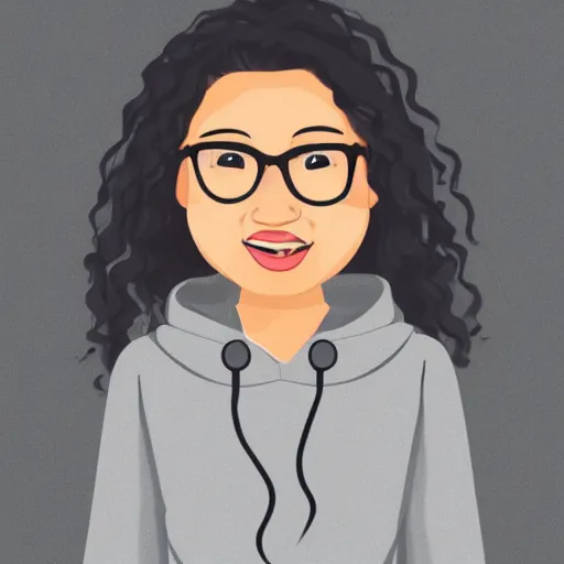 Prompt: A south east asian woman with long curly hair wearing glasses, grey hoodie, white t-shirt, cartoon style, digital art