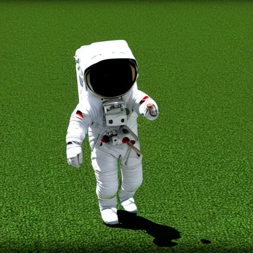 Image similar to A 3D render of an astronaut walking in a green desert