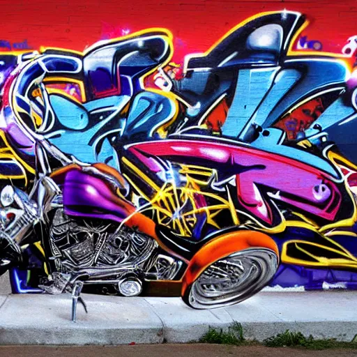 Image similar to a graffiti art of a dog ryiding an harley davidson in streets of los angeles, hd, 8 k, hyper realistic, hyper detailed,