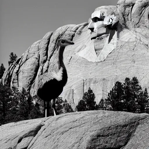 Prompt: black and white photograph of an emu at mount rushmore.