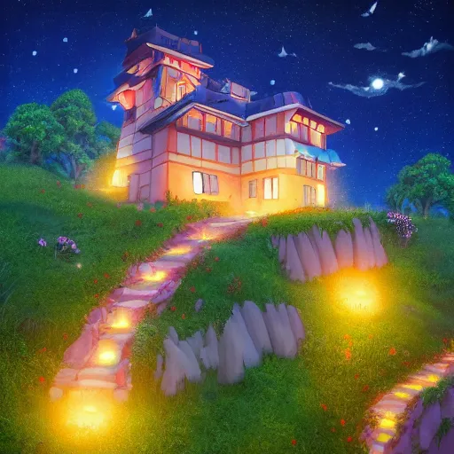 Image similar to beautiful 3 d painting of a colourful house on a hilltop at midnight with small fireflies flying around, in the style of studio ghibli, artstation, unreal engine