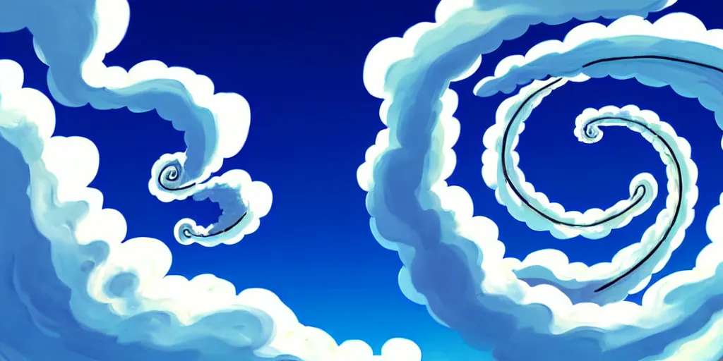 Prompt: cartoon concept art, clean blue sky, spiral clouds, from the hortons
