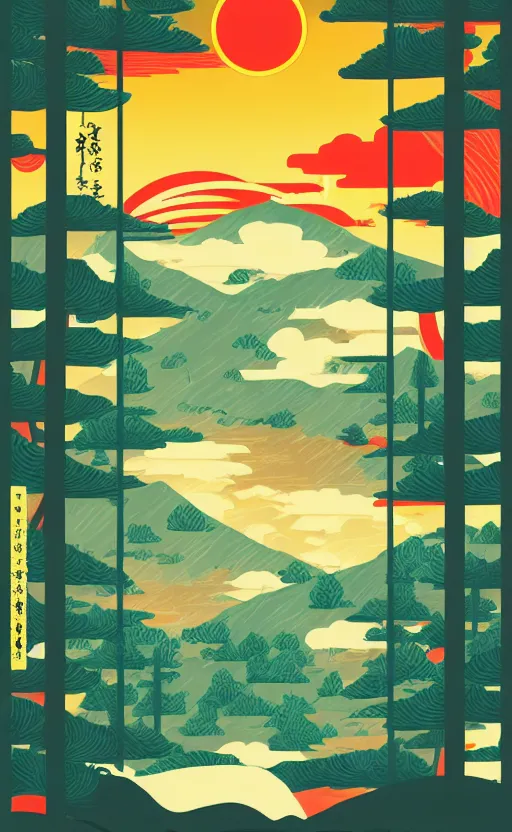 Image similar to hanafuda, a big red charm is floating above a forest of japanese pines, a big red sun in the background, front game card, vector line art, trending on artstation, concept art, stunning, matte