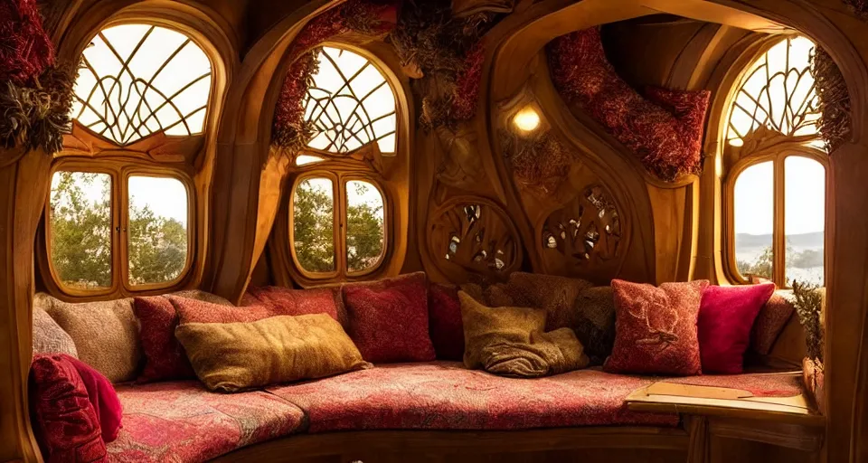 Image similar to an incredibly beautiful scene from a 2 0 2 2 marvel film featuring a cozy art nouveau reading nook in a fantasy treehouse interior. a couch with embroidered pillows. golden hour. 8 k uhd.