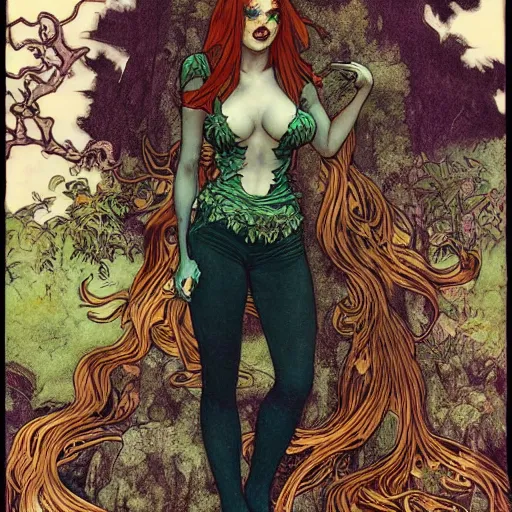 Image similar to a beautiful and detailed matte painting of a poison ivy dressed casually in jeans and a nirvana t - shirt from hot topic, food court in a mall, dark eyeliner, intricate, elegant, highly detailed, digital painting, artstation, concept art, matte, sharp focus, illustration, art by rebecca guay and by arthur rackham and by alphonse mucha and by john william waterhouse