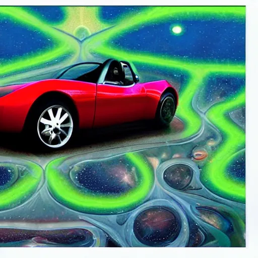 Prompt: A Tesla Roadster on its way to the stars, hippie counterculture art, sixties, psychedelic colors