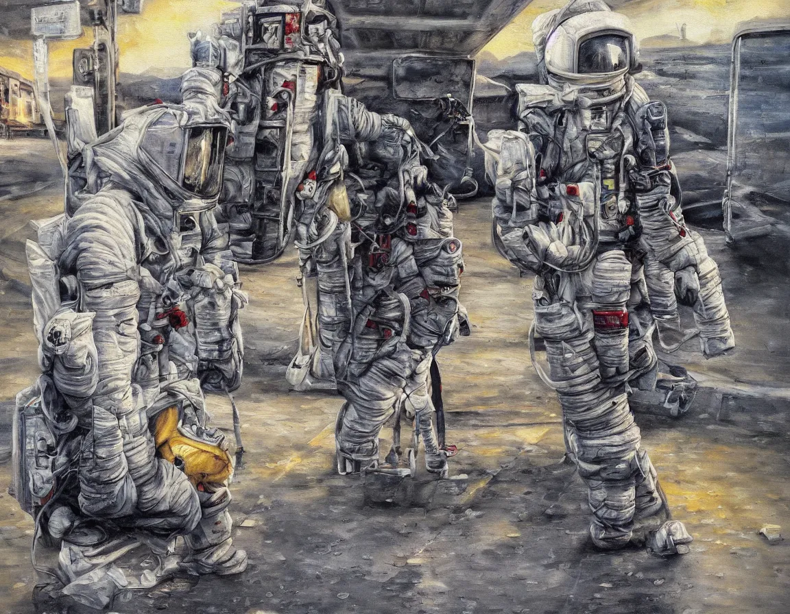 Image similar to hyper realistic oil painting of astronaut waiting for the bus at the bus stop, hd, hdr, by stanisław wyspianski, ultra detailed, high resolution