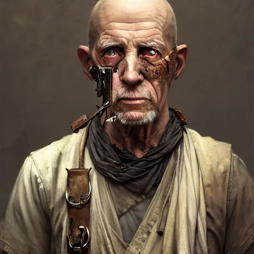 Image similar to portrait painting of a post - apocalyptic older american eyeless man wearing monk garbs with a scrap pauldron, ultra realistic, concept art, intricate details, eerie, highly detailed, photorealistic, octane render, 8 k, unreal engine. art by artgerm and greg rutkowski and charlie bowater and magali villeneuve and alphonse mucha