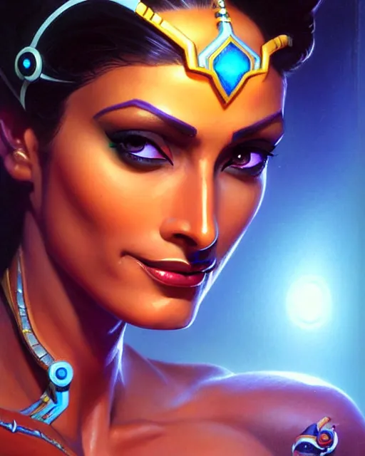 Image similar to symmetra from overwatch, bust, fantasy, fantasy art, fantasy, colorful, elegant, character portrait, portrait, close up, highly detailed, intricate detail, amazing detail, sharp focus, vintage fantasy art, vintage sci - fi art, radiant light, caustics, by boris vallejo