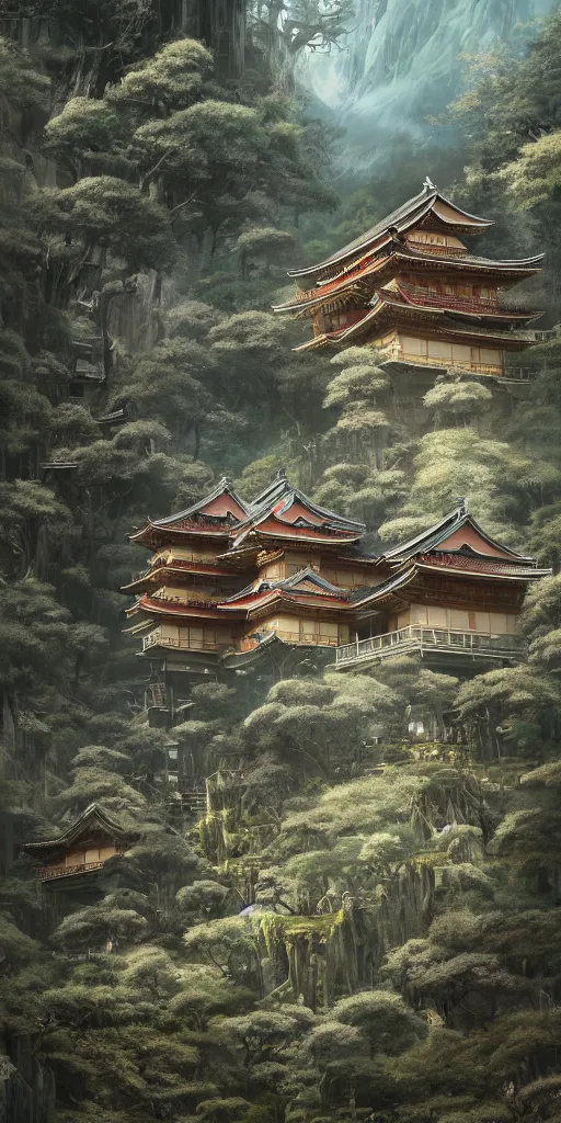 Image similar to japanese style palace on a mountain overgrown by glowing mushrooms, hyper realistic, lush gnarly plants, 8 k, denoised, by greg rutkowski, tom bagshaw, james gurney cinematic lighting