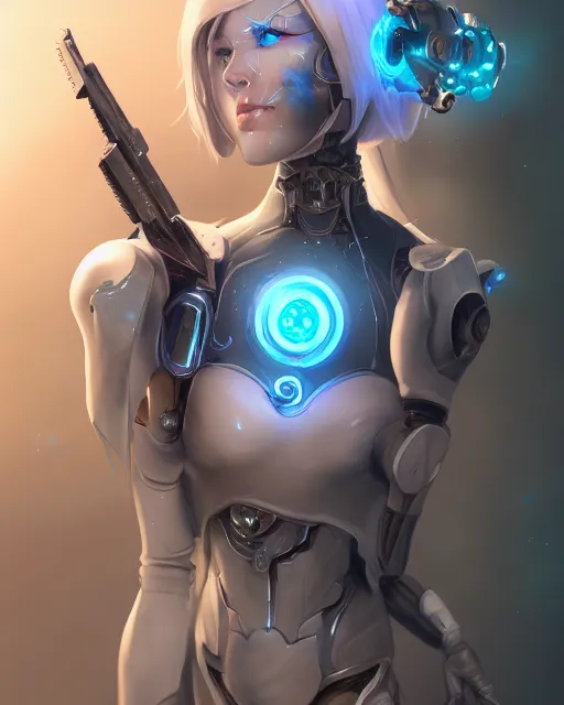 Prompt: holy cyborg necromancer girl, elegant, perfect face, scifi, futuristic, utopia, garden, illustration, atmosphere, warframe, blue eyes, white hair, artstation, nier automata, highly detailed, art by yuhong ding and chengwei pan and serafleur and ina wong