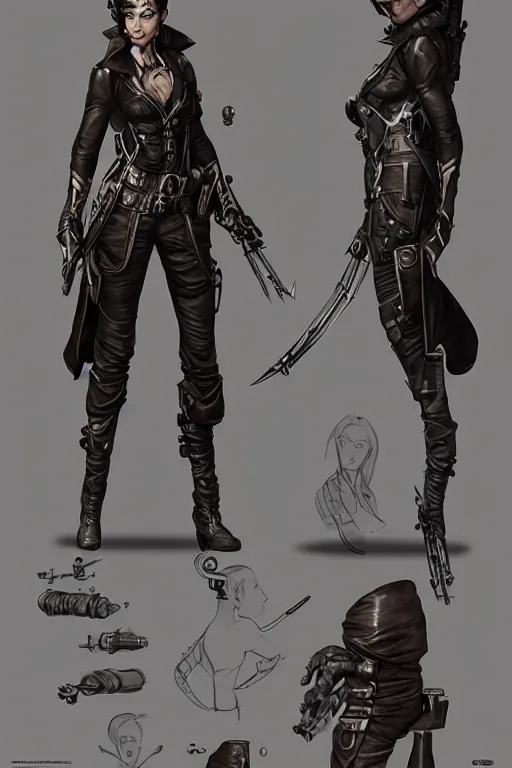 Prompt: character sheet art, steampunk assassin woman, design by cedric peyravernay