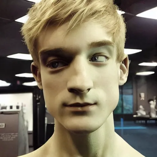 Image similar to “a realistic detailed photo of a guy who is an attractive humanoid who is half robot and half humanoid, who is a male android, twitch streamer Ninja Tyler Blevins, shiny skin, posing like a statue, blank stare”