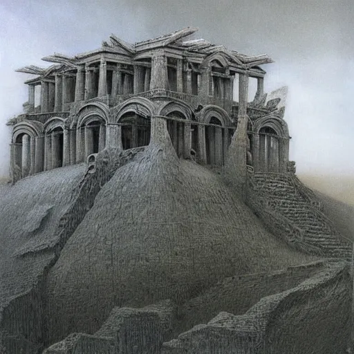 Prompt: Wooden Acropolis by zdzisław beksiński