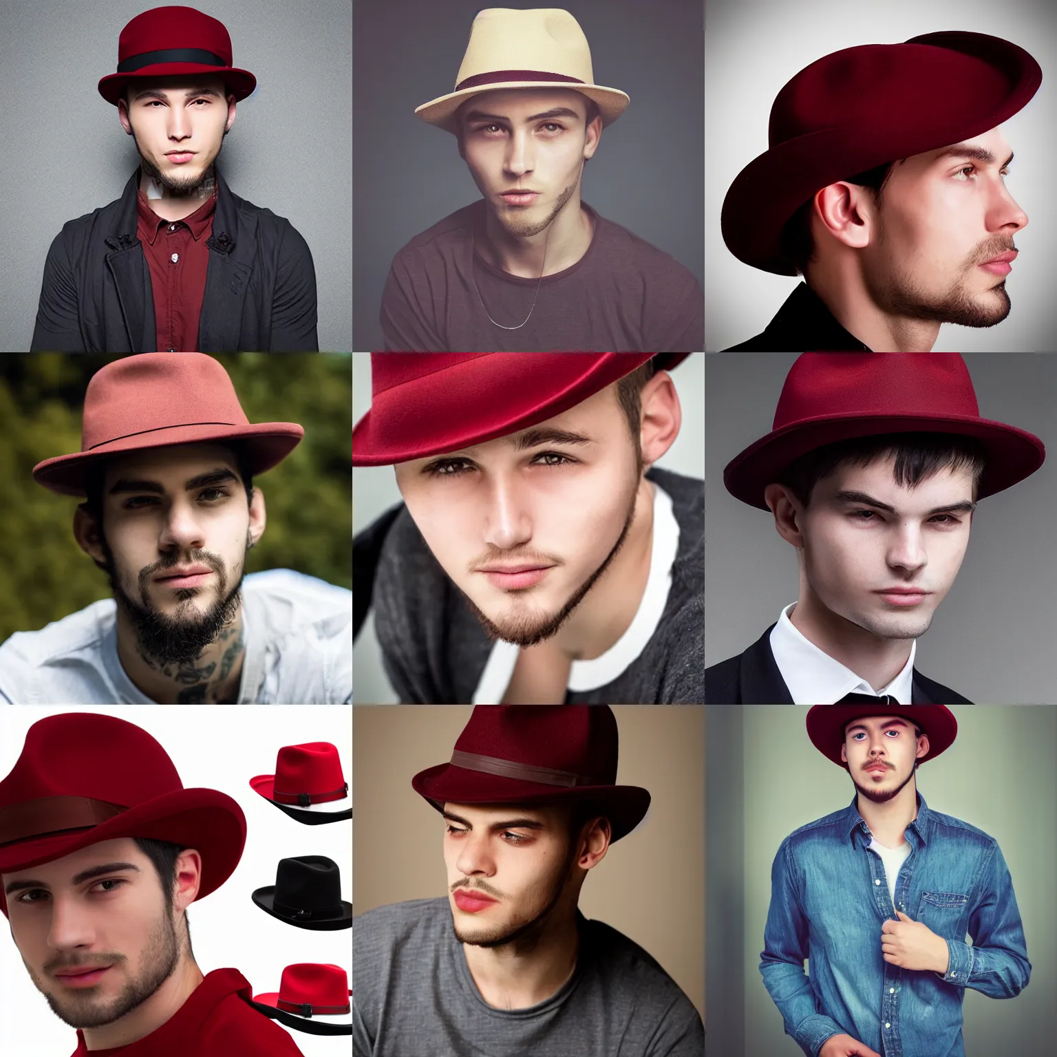 Prompt: young lean man slanted eyes dark red fedora hat smirk faint goatee square jaw