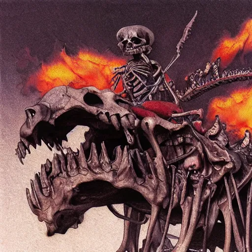 Prompt: a closeup of a skeleton demon riding a carousel in flames, beksinski, dariusz zawadzki