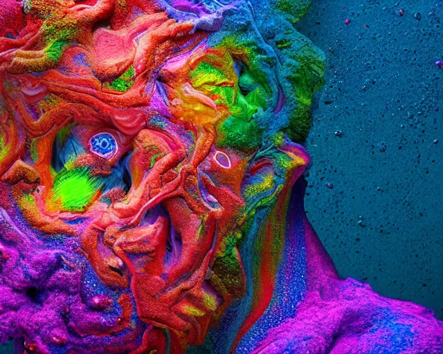 Prompt: insides of a human head explode outward as a huge mass of coloured powder, exploding powder, motion blur, hyperrealistic, medical photography, anatomically correct, realistic crisp textures, 8 k, art by lee griggs,