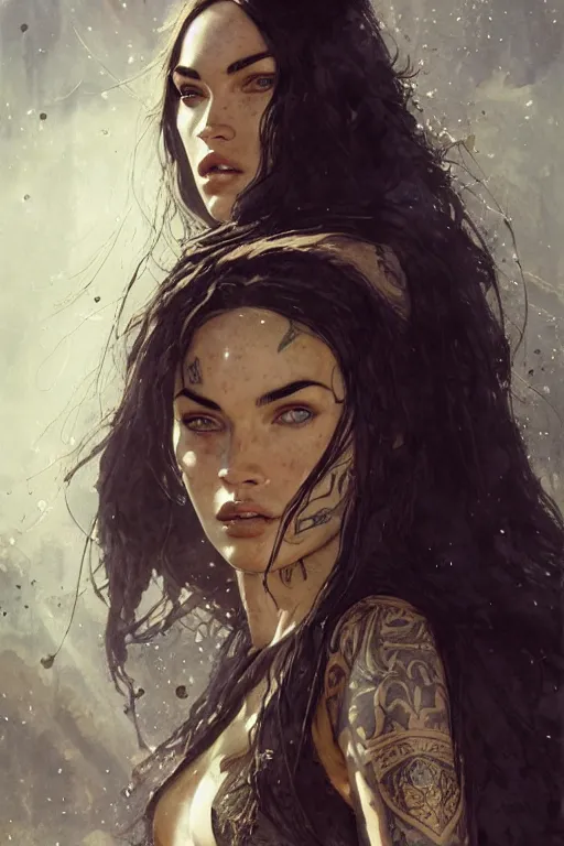 Image similar to young megan fox, legendary warrior, fighter, lord of the rings, tattoos, decorative ornaments, battle armor, carl spitzweg, ismail inceoglu, vdragan bibin, hans thoma, greg rutkowski, alexandros pyromallis, perfect face, detailed, sharply focused, centered, rule of thirds, photorealistic shading