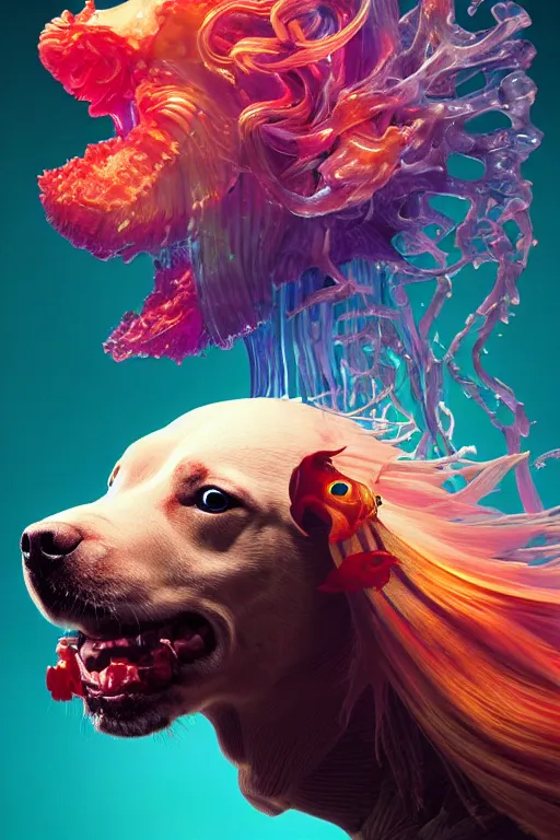 Prompt: 3 d dog as god close - up profile portrait with crown, betta fish, jellyfish phoenix, bio luminescent, flowing hair, muscular, partial anatomy, caesar victorious, plasma, ice, water, wind, creature, artwork by tooth wu and wlop and beeple and greg rutkowski