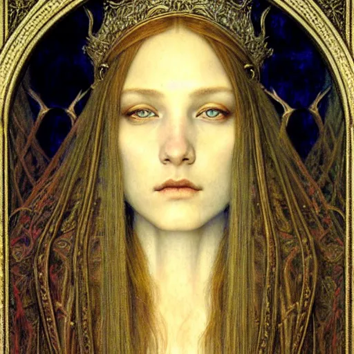 Image similar to detailed realistic beautiful young medieval queen face portrait by jean delville, gustave dore and marco mazzoni, art nouveau, symbolist, visionary, gothic, pre - raphaelite