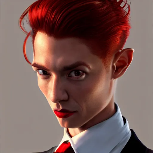 Image similar to portrait of a beautiful nonbinary model with tan skin and messy short red hair wearing a men's suit, elf ears and copper eyes, by Gerald Brom and Ross Tran, hyper-realistic, soft lighting, 4K, trending on artstation