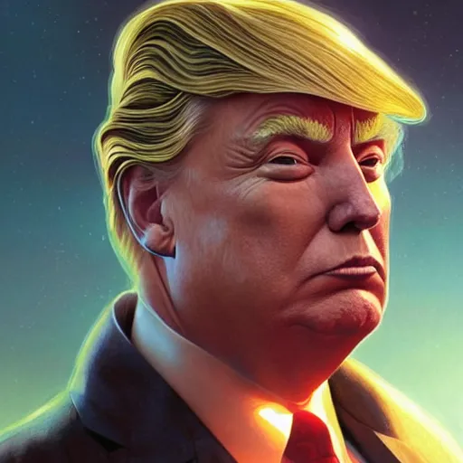 Image similar to cyborg Donald Trump from another dimension, cinematic lighting, intricate, elegant, highly detailed, digital painting, artstation, sharp focus, illustration, art by artgerm and greg rutkowski and alphonse mucha and Wayne Barlowe and william-adolphe bouguereau