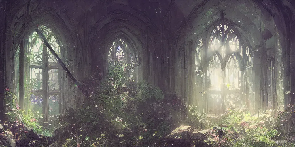 Prompt: anime kyoto animation key by greg rutkowski night, a huge broken blade in abandoned chapel with overgrown flowers and plants