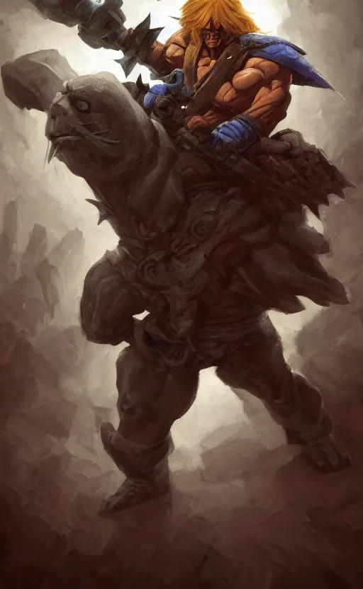 Image similar to Full body centered uncut character pose of mysterious-eerie-ominous He-Man, He-Man is holding the Power Sword in his right hand and the Grey Skull in his left hand, He-Man rides the Battle Cat, dark grey shadowy smokey background, direct natural lighting, cinematic, Epic, ultra-detailed, sharp focus, colored illustration, artwork by Jordan Grimmer and Greg Rutkowski