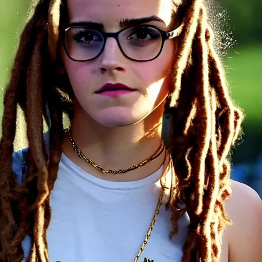 Prompt: emma watson with dreads and tattoos wearing glasses and gold chain and bucket hat, award winning photography
