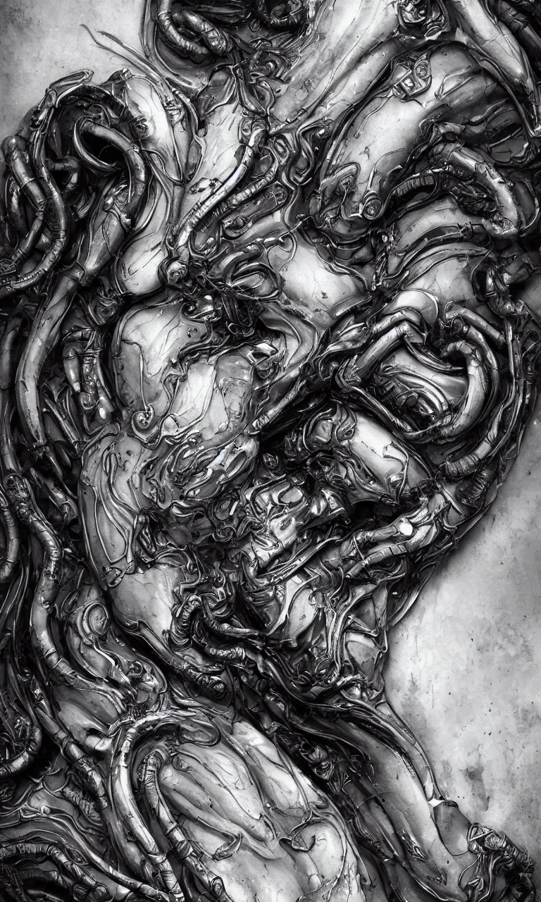 Image similar to engineer prometheus face by Artgerm, xenomorph alien, highly detailed, symmetrical long head, smooth marble surfaces, detailed ink illustration, raiden metal gear, cinematic smooth stone, deep aesthetic, concept art, post process, 4k, carved marble texture and silk cloth, latex skin, highly ornate intricate details, prometheus, evil, moody lighting, hr geiger, hayao miyazaki, indsutrial Steampunk