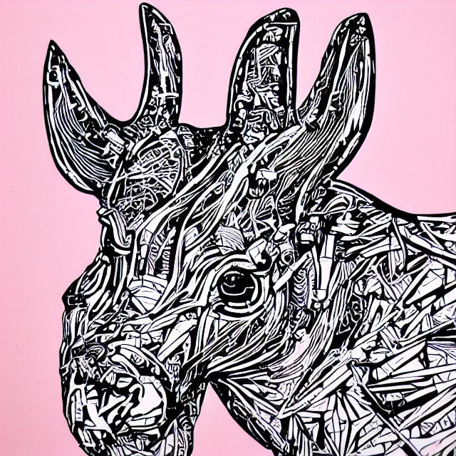 Image similar to linocut of a cybernetic deer. pink, black and white color pallette.