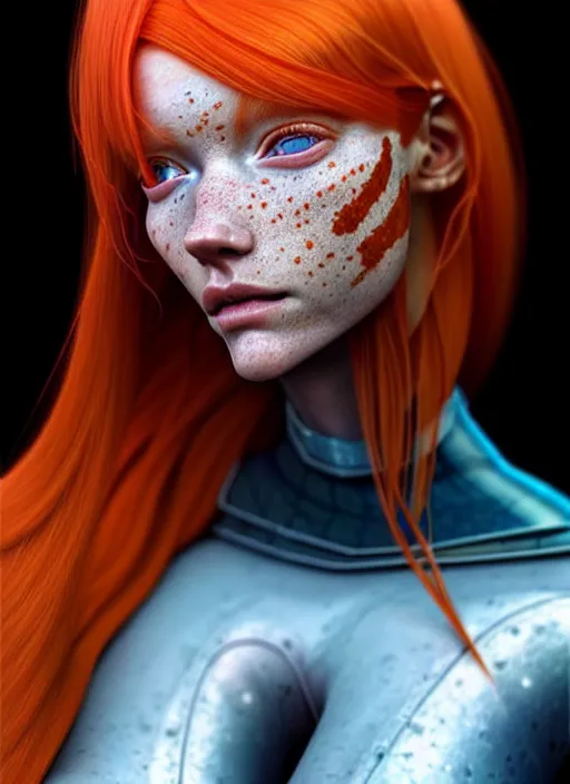 Image similar to an extremely detailed beautiful redhead scandinavian female humanoid with freckles, by loish, d & d, fantasy, cyber neon lighting, futurism, cyberpunk glossy latex suit, elegant profile posing, perfect anatomy, hyper photorealistic, digital photography, artstation, pinterest, concept art, art by pascal blanche and greg rutkowski,