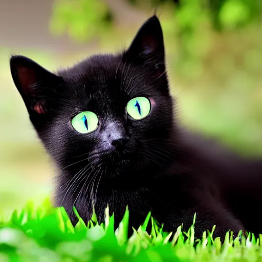 Image similar to black kitten with! beautiful green eyes! laying on it ‘ s back showing it ‘ s fluffy belly while looking at the camera, photorealistic, anatomically correct, defined face, sharp focus, 4 k, beautiful,