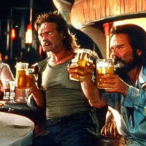 Prompt: deleted scene from Big trouble in little China, cinematic still, Jack Burton drinking beer, amazing shot