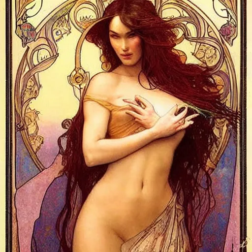 Prompt: Megan Fox, Alfons Maria Mucha