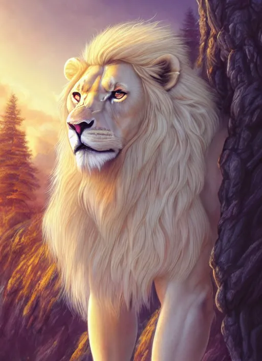Image similar to aesthetic portrait commission of a of a male fully furry muscular anthro albino lion with a tail and a beautiful attractive hyperdetailed face wearing stylish and creative wearing Norwegian outfit in a sci-fi utopian city at golden hour while it sunshowers in the background. Character design by charlie bowater, ross tran, artgerm, and makoto shinkai, detailed, inked, western comic book art, 2021 award winning film poster painting