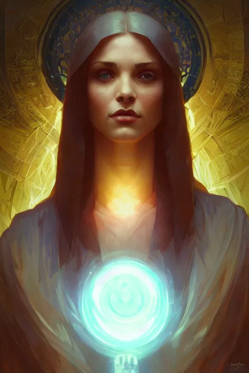 Image similar to bright cube above a portrait of a beautiful dark mystical woman, ice blue eyes, artstation, concept art, smooth, sharp focus, illustration, art by artgerm and greg rutkowski and alphonse mucha and william - adolphe bouguereau