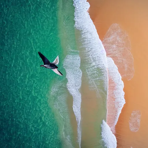 Image similar to simmetrical photo of a seagull flying seen exactly from above. Watching down. Seagull seen from above. 4k still award winning. Pleasant look and colors. Sea on the background.