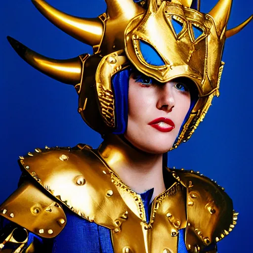 Image similar to close up headshot of a woman in elaborate blue and gold armor with spiked horns on her helmet, cosplay, photoshoot, photograph by Bruce Weber