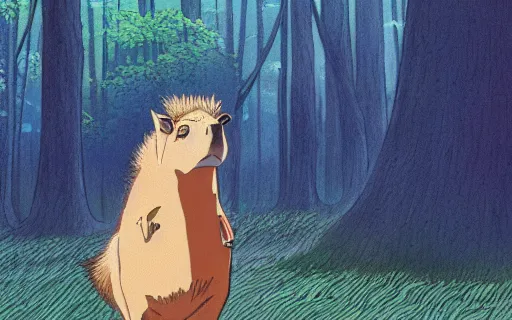 Image similar to a young girl with her pet capybara walking through the forest, raining, side view, art by hayao miyazaki, studio ghibli film, 4k, hi res, high detail