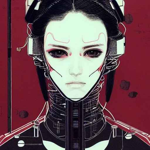 Image similar to a beautiful ukiyo painting of cyberpunk woman, wearing space techwear, detailed symmetrical close up portrait, intricate complexity, by takato yamamoto, wlop, krenz cushart. cinematic dramatic atmosphere, sharp focus