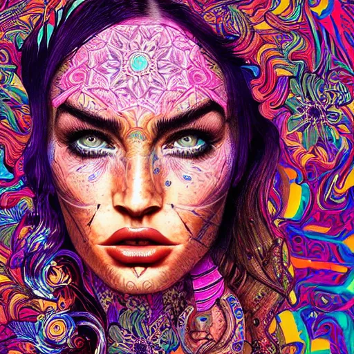 Image similar to an extremely psychedelic portrait of megan fox, surreal, lsd, face, detailed, intricate, elegant, lithe, highly detailed, digital oth, sharp focus, illustration,