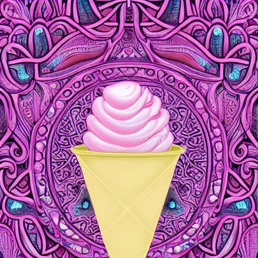 Prompt: happy smiling pink crying ice cream blue cone, intricate, high definition, beautiful mystical digital classic inspired rendered painting