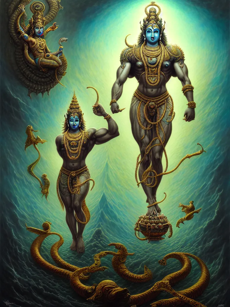 Prompt: lord vishnu, full body portrait, bodybuilder, birth of the universe, multiverse, realistic, hyperdimensional, bioluminescent, vivid color, intricate, elegant, highly detailed, centered, artstation, concept art, smooth, sharp focus, Tomasz Alen Kopera, Peter Mohrbacher, donato giancola, Joseph Christian Leyendecker, WLOP, Boris Vallejo, octane render, 8K