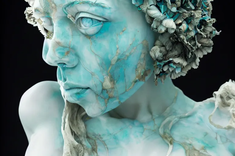 Image similar to a sculpture of a beautiful woman with flowing tears, turquoise fractal flowers on the skin, intricate, a marble sculpture by nicola samori, behance, neo - expressionism, marble sculpture, made of mist, still frame from the prometheus movie by ridley scott with cinematogrophy of christopher doyle, arri alexa, 8 k