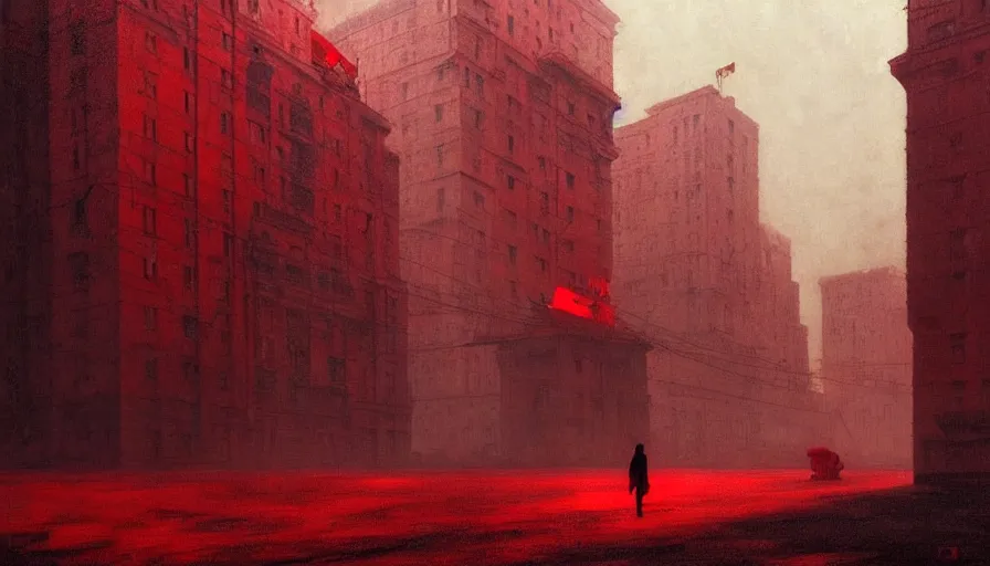 Prompt: only with red, soviet communism horror city apocalyptic atmosphere with soviet flag, in the style of beksinski, by edward hopper and rodcenko and yue minjun and cory loftis, intricate and epic composition, red by caravaggio, highly detailed, masterpiece, red light, artstation, art nouveau