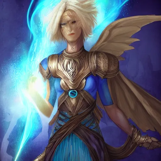 Prompt: androgynous aasimar with wings, carrying a blue lantern, digital art, epic, portrait, armor