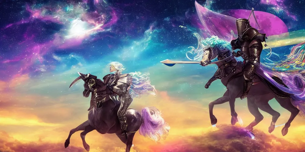 Prompt: A knight holding a sword while riding in a Pegasus through the galaxy, vaporwave, 4K, highly detailed